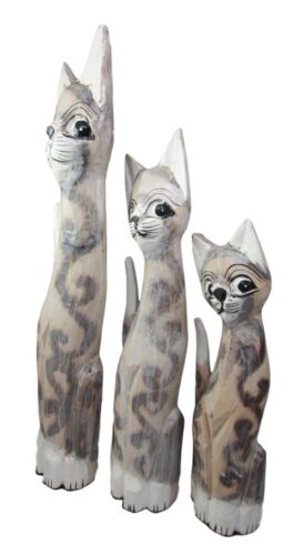 Balinese Wood Handicraft Striped Ears Feline Cat Family Set Of 3 Figurines 20"H
