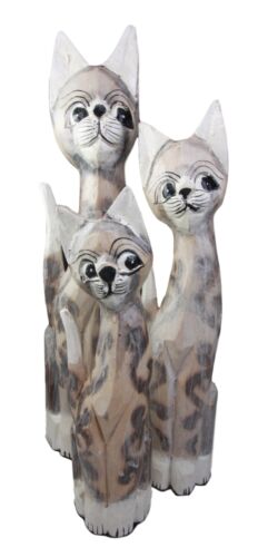 Balinese Wood Handicraft Striped Ears Feline Cat Family Set Of 3 Figurines 20"H
