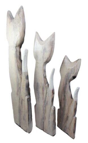 Balinese Wood Handicraft Striped Ears Feline Cat Family Set Of 3 Figurines 20"H
