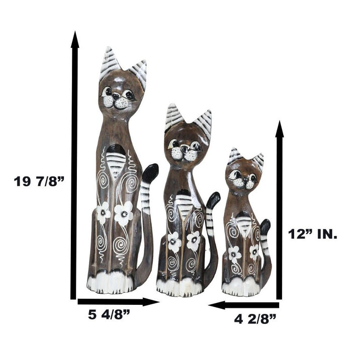 Balinese Wood Handicraft Striped Ears Feline Cat Family Set Of 3 Figurines 20"H