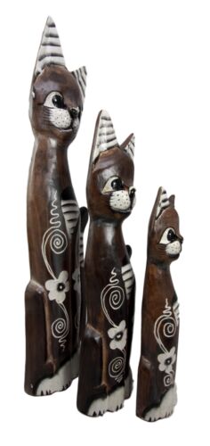 Balinese Wood Handicraft Striped Ears Feline Cat Family Set Of 3 Figurines 20"H