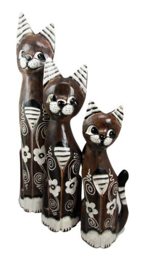 Balinese Wood Handicraft Striped Ears Feline Cat Family Set Of 3 Figurines 20"H