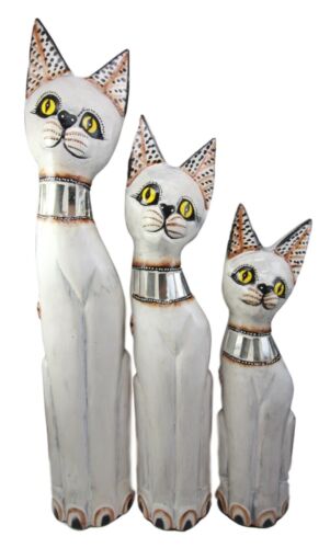 Balinese Wood Handicraft White Siamese Feline Cat Family Set Of 3 Figurines 24"H