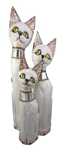 Balinese Wood Handicraft White Siamese Feline Cat Family Set Of 3 Figurines 24"H