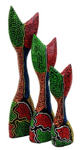 Balinese Wood Handicrafts Abstract Colorful Feline Cat Family Set Of 3 Figurines