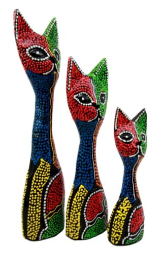 Balinese Wood Handicrafts Abstract Colorful Feline Cat Family Set Of 3 Figurines