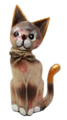 Balinese Wood Handicrafts Adorable Feline Cat With Rope Ribbon Tie Figurine