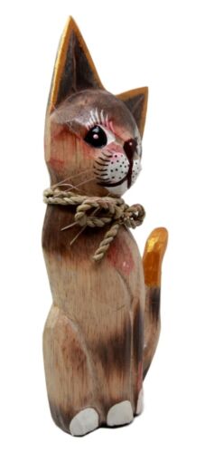 Balinese Wood Handicrafts Adorable Feline Cat With Rope Ribbon Tie Figurine