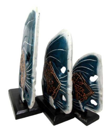 Balinese Wood Handicrafts Blue Tropical Angel Fish Family Set Of 3 Figurines
