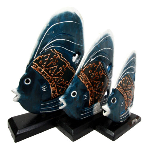 Balinese Wood Handicrafts Blue Tropical Angel Fish Family Set Of 3 Figurines