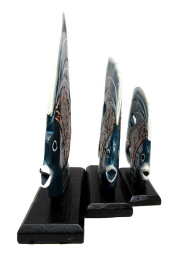 Balinese Wood Handicrafts Blue Tropical Angel Fish Family Set Of 3 Figurines