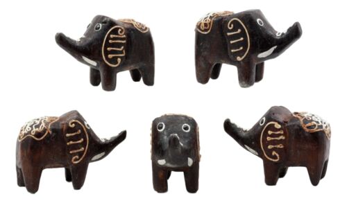 Balinese Wood Handicrafts Carved Jungle Elephant Miniature Figurines Set 2.5"L