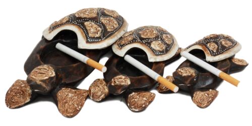 Balinese Wood Handicrafts Carved Shell Turtle Family Ashtray Box Figurine Set