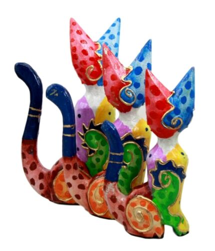 Balinese Wood Handicrafts Colorful Feline Cat Family Set Of 3 Decor Figurines