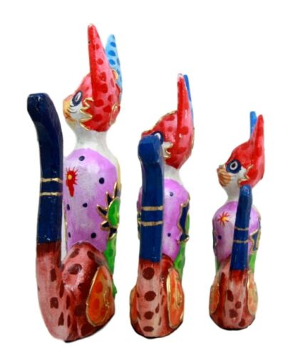Balinese Wood Handicrafts Colorful Feline Cat Family Set Of 3 Decor Figurines