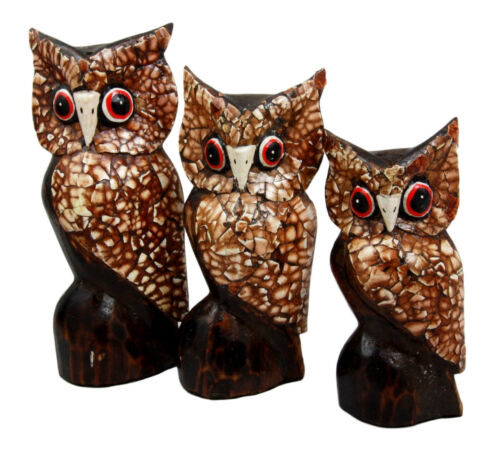 Balinese Wood Handicrafts Eggskin Feathers Forest Owl Family Set Of 3 Figurines