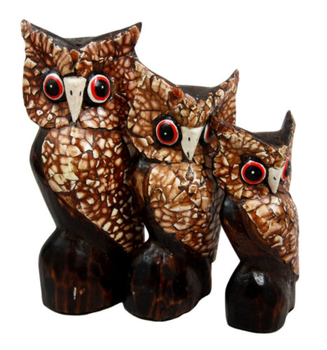 Balinese Wood Handicrafts Eggskin Feathers Forest Owl Family Set Of 3 Figurines