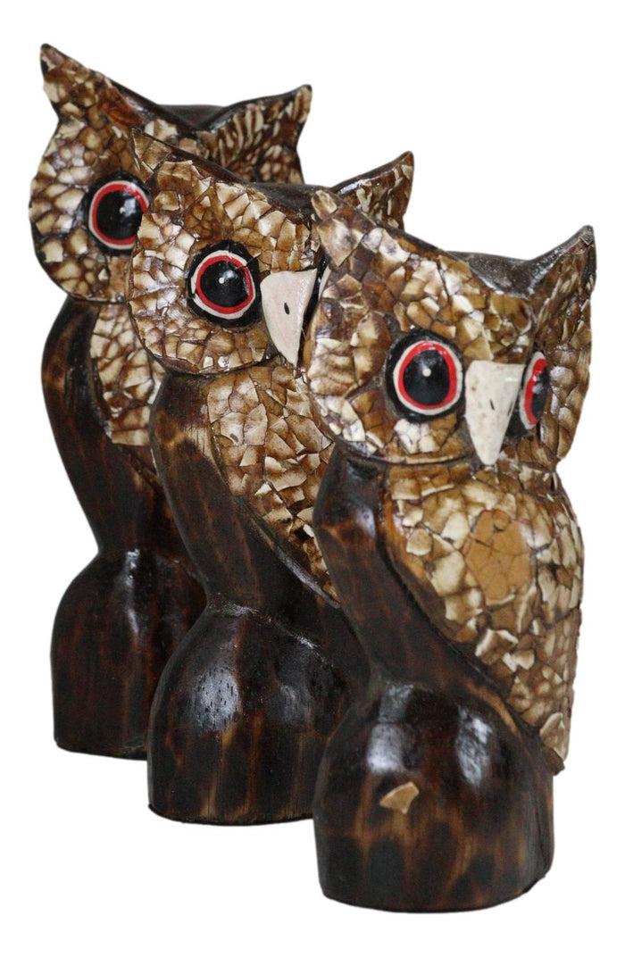Balinese Wood Handicrafts Eggskin Feathers Forest Owl Family Set Of 3 Figurines