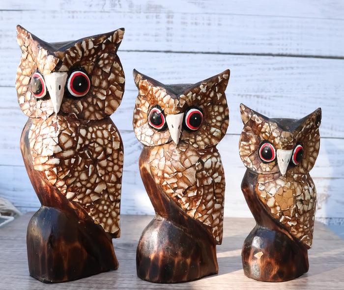 Balinese Wood Handicrafts Eggskin Feathers Forest Owl Family Set of 3 Figurines