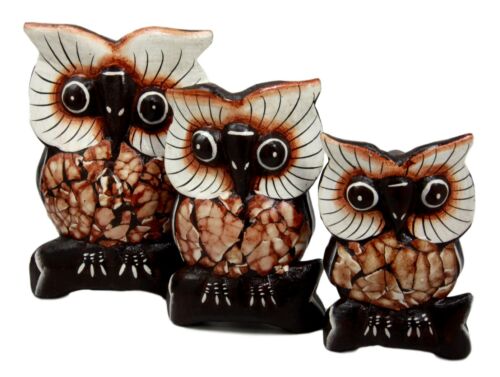 Balinese Wood Handicrafts Forest Owl Family Set Of 3 Decorative Figurines 6"H