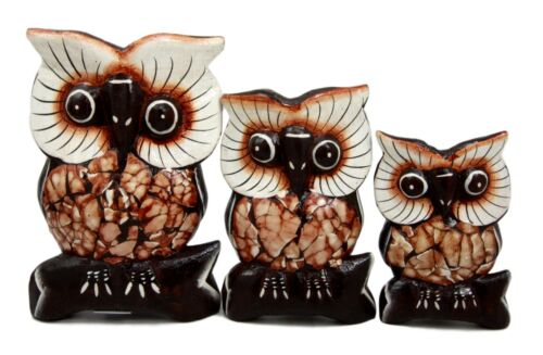 Balinese Wood Handicrafts Forest Owl Family Set Of 3 Decorative Figurines 6"H