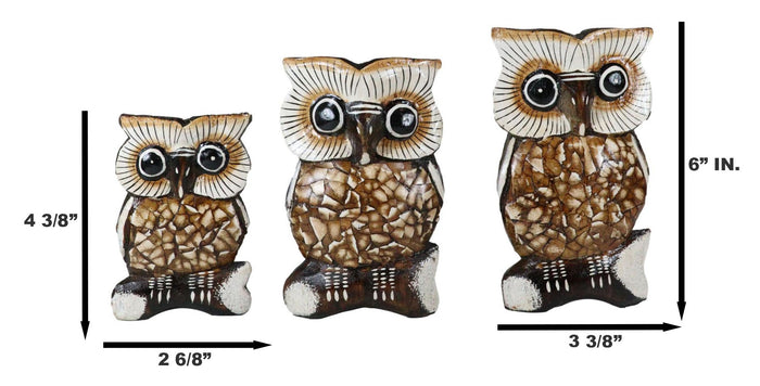 Balinese Wood Handicrafts Forest Owl Family Set Of 3 Decorative Figurines 6"H