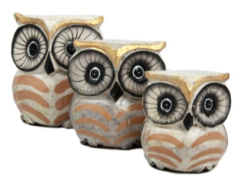 Balinese Wood Handicrafts Golden Night Forest Owl Family Set Of 3 Figurines
