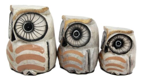 Balinese Wood Handicrafts Golden Night Forest Owl Family Set Of 3 Figurines