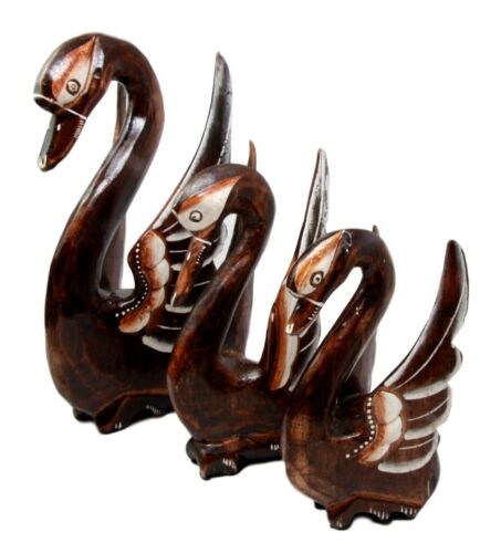 Balinese Wood Handicrafts Graceful Swan Princess Family Set Of 3 Figurines 10"H