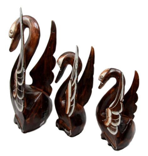 Balinese Wood Handicrafts Graceful Swan Princess Family Set Of 3 Figurines 10"H