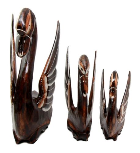 Balinese Wood Handicrafts Graceful Swan Princess Family Set Of 3 Figurines 10"H