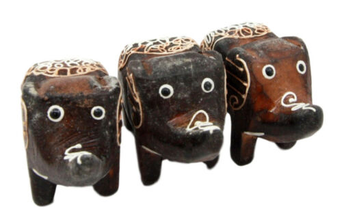 Balinese Wood Handicrafts Jungle Trumpet Elephant Miniature Figurines Set 2.5"L