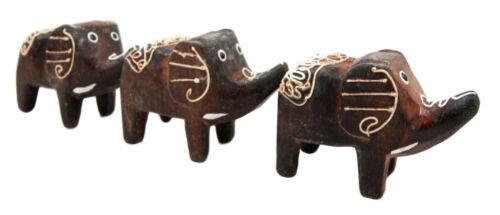 Balinese Wood Handicrafts Jungle Trumpet Elephant Miniature Figurines Set 2.5"L