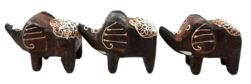 Balinese Wood Handicrafts Jungle Trumpet Elephant Miniature Figurines Set 2.5"L