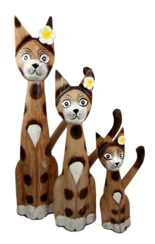 Balinese Wood Handicrafts Large Floral Feline Cat Family Set Of 3 Figurines