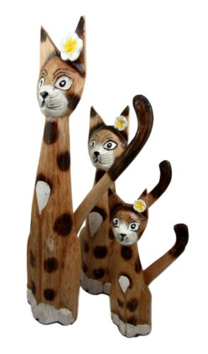 Balinese Wood Handicrafts Large Floral Feline Cat Family Set Of 3 Figurines