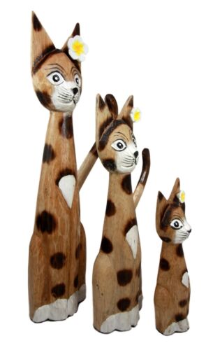 Balinese Wood Handicrafts Large Floral Feline Cat Family Set Of 3 Figurines