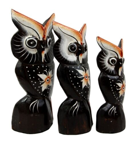 Balinese Wood Handicrafts Star Flower Night Owl Family Set Of 3 Figurines 7.5"H