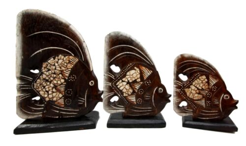Balinese Wood Handicrafts Tribal Patterned Angel Fish Family Set Of 3 Figurines