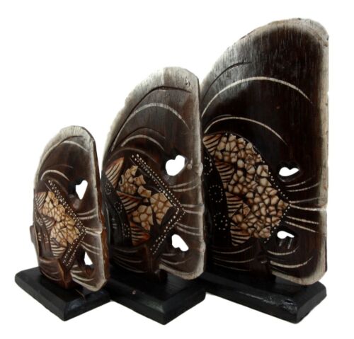 Balinese Wood Handicrafts Tribal Patterned Angel Fish Family Set Of 3 Figurines