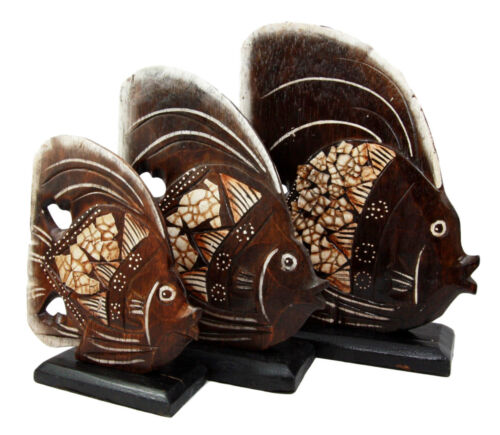 Balinese Wood Handicrafts Tribal Patterned Angel Fish Family Set Of 3 Figurines