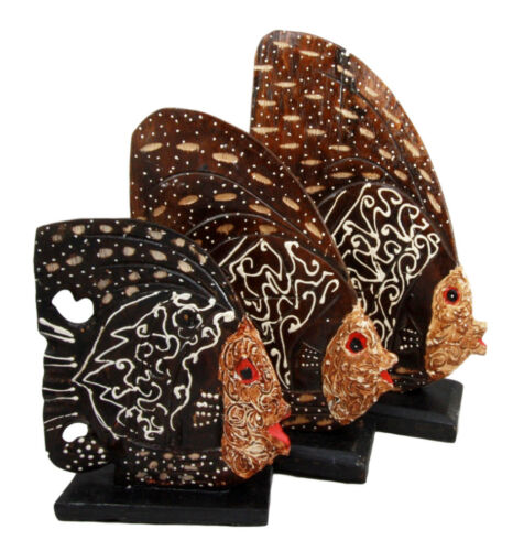 Balinese Wood Handicrafts Tropical Batik Angel Fish Family Set Of 3 Figurines