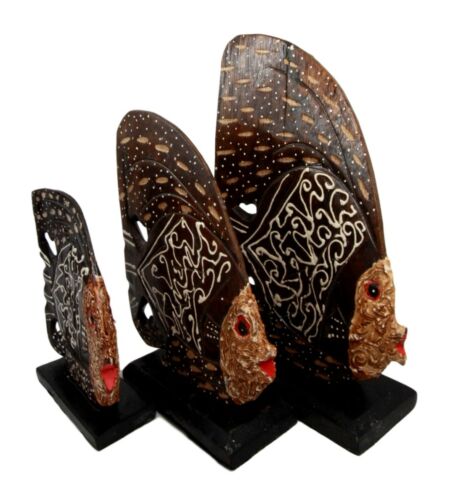 Balinese Wood Handicrafts Tropical Batik Angel Fish Family Set Of 3 Figurines