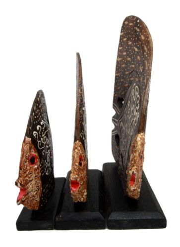Balinese Wood Handicrafts Tropical Batik Angel Fish Family Set Of 3 Figurines