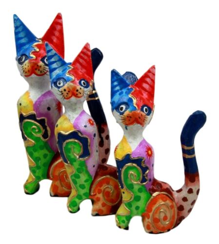 Balinese Wood Handicrafts Tropical Colors Feline Cat Family Set Of 3 Figurines