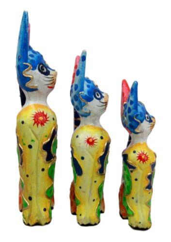 Balinese Wood Handicrafts Tropical Colors Feline Cat Family Set Of 3 Figurines