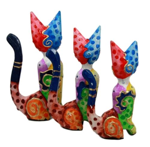 Balinese Wood Handicrafts Tropical Colors Feline Cat Family Set Of 3 Figurines