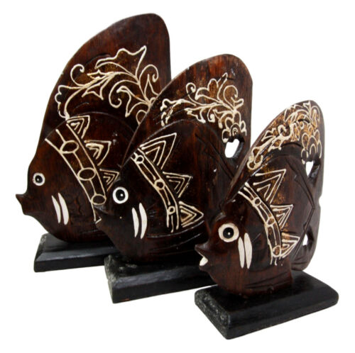 Balinese Wood Handicrafts Tropical Crown Angel Fish Family Set Of 3 Figurines