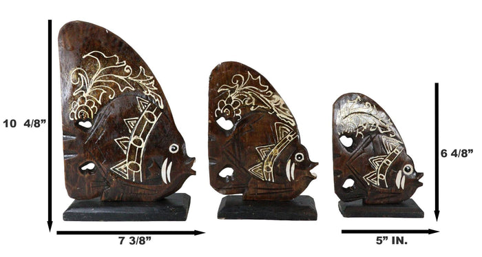Balinese Wood Handicrafts Tropical Crown Angel Fish Family Set Of 3 Figurines