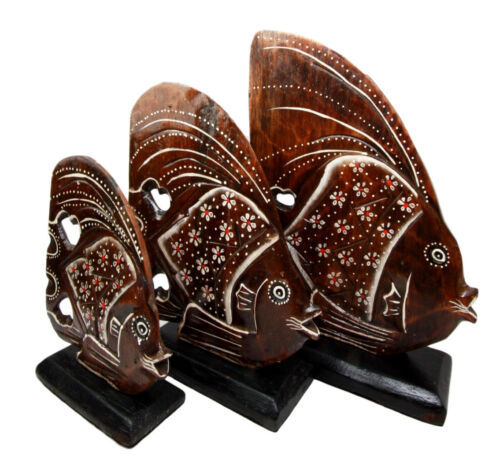 Balinese Wood Handicrafts Tropical Floral Angel Fish Family Set Of 3 Figurines